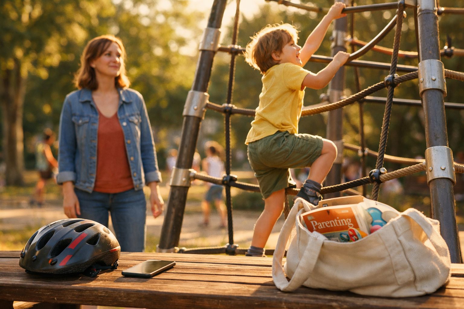 Criança a escalar estrutura de parque, com mulher a observar e objetos sobre mesa ao ar livre, ao pôr do sol.