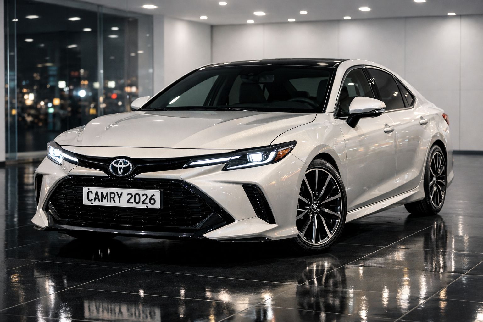 Carro branco Toyota Camry 2026 estacionado em chão refletor escuro dentro de sala moderna.