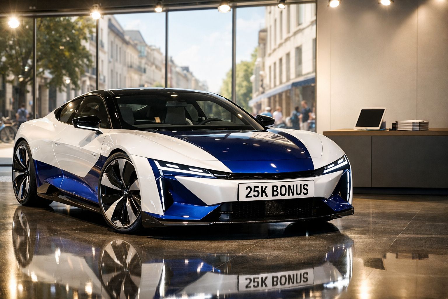 Carro desportivo elétrico branco e azul estacionado num edifício moderno com janelas grandes.