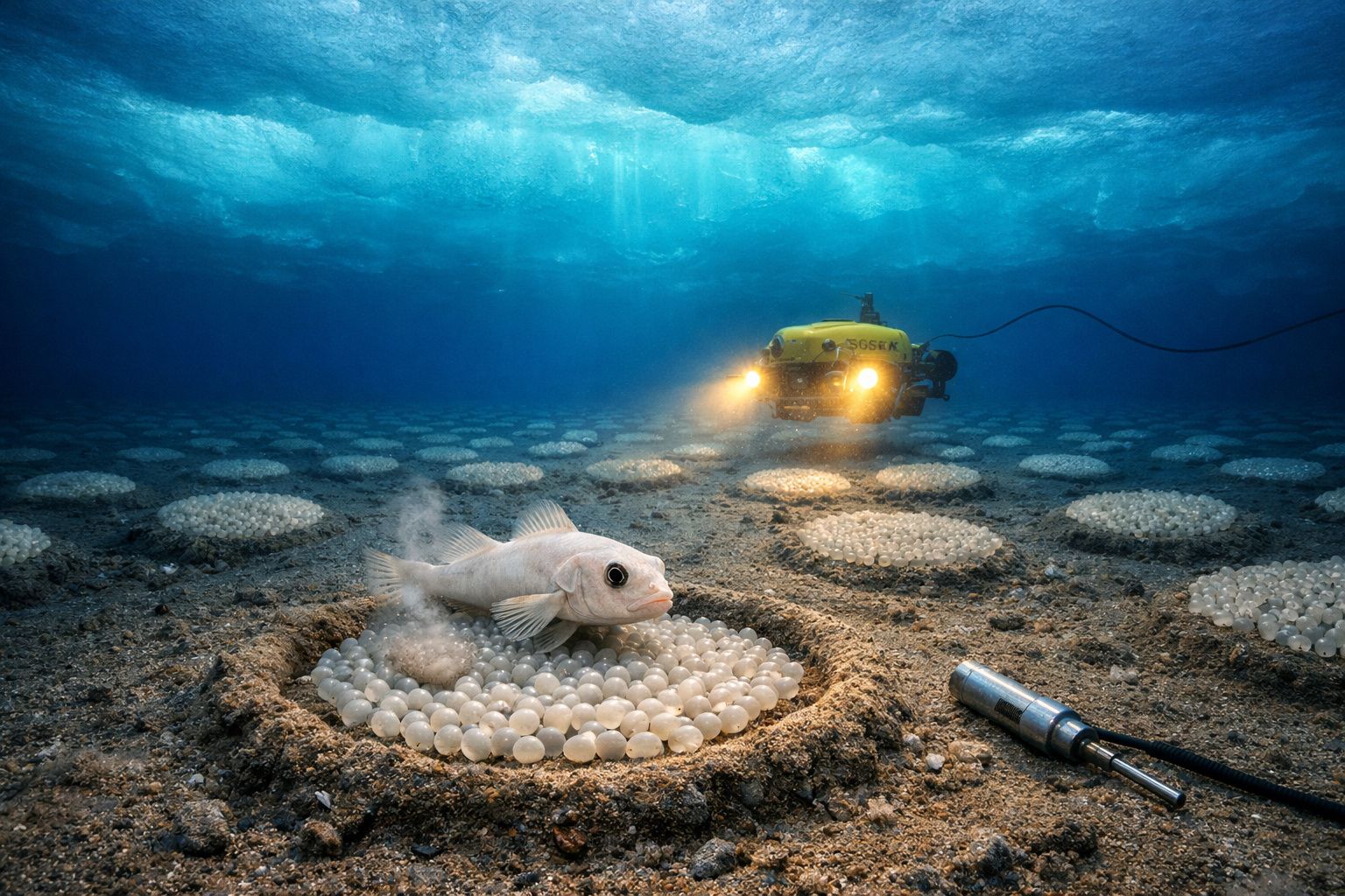 Veículo subaquático iluminando peixe branco junto a colónias de ovos no fundo do oceano.