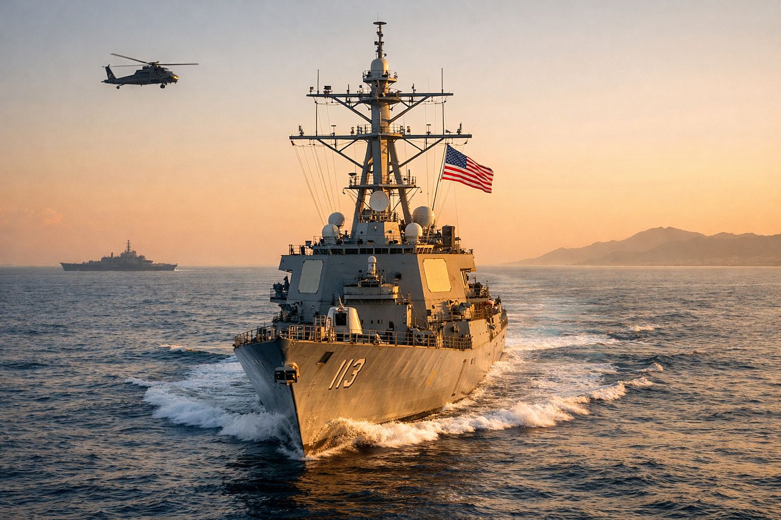 Navio de guerra com bandeira dos EUA em mar calmo ao pôr do sol, com helicóptero e outro navio ao fundo.