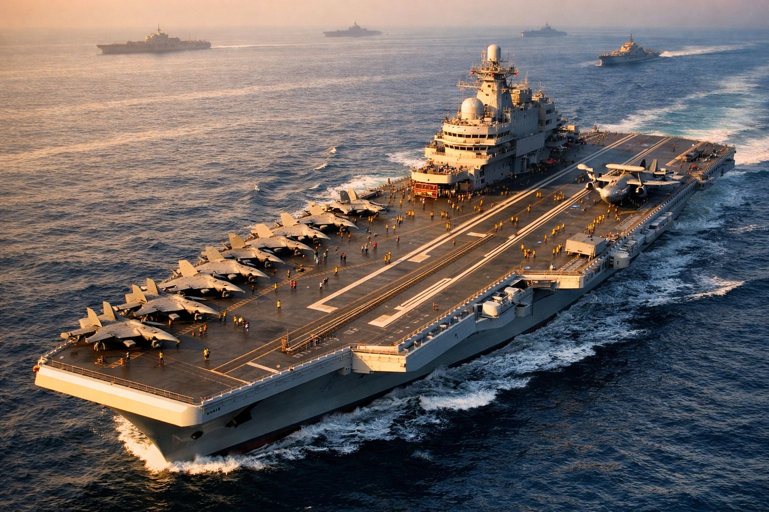 Porta-aviões com vários caça-bombardeiros no convés navegando ao pôr do sol no oceano.