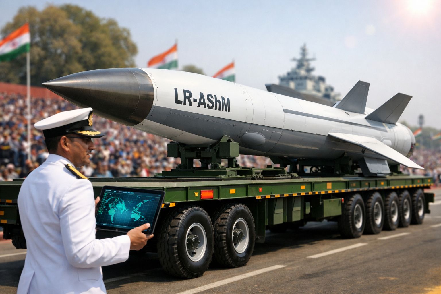 Militar com tablet observa míssil transportado num veículo pesado durante desfile com bandeiras da Índia ao fundo.