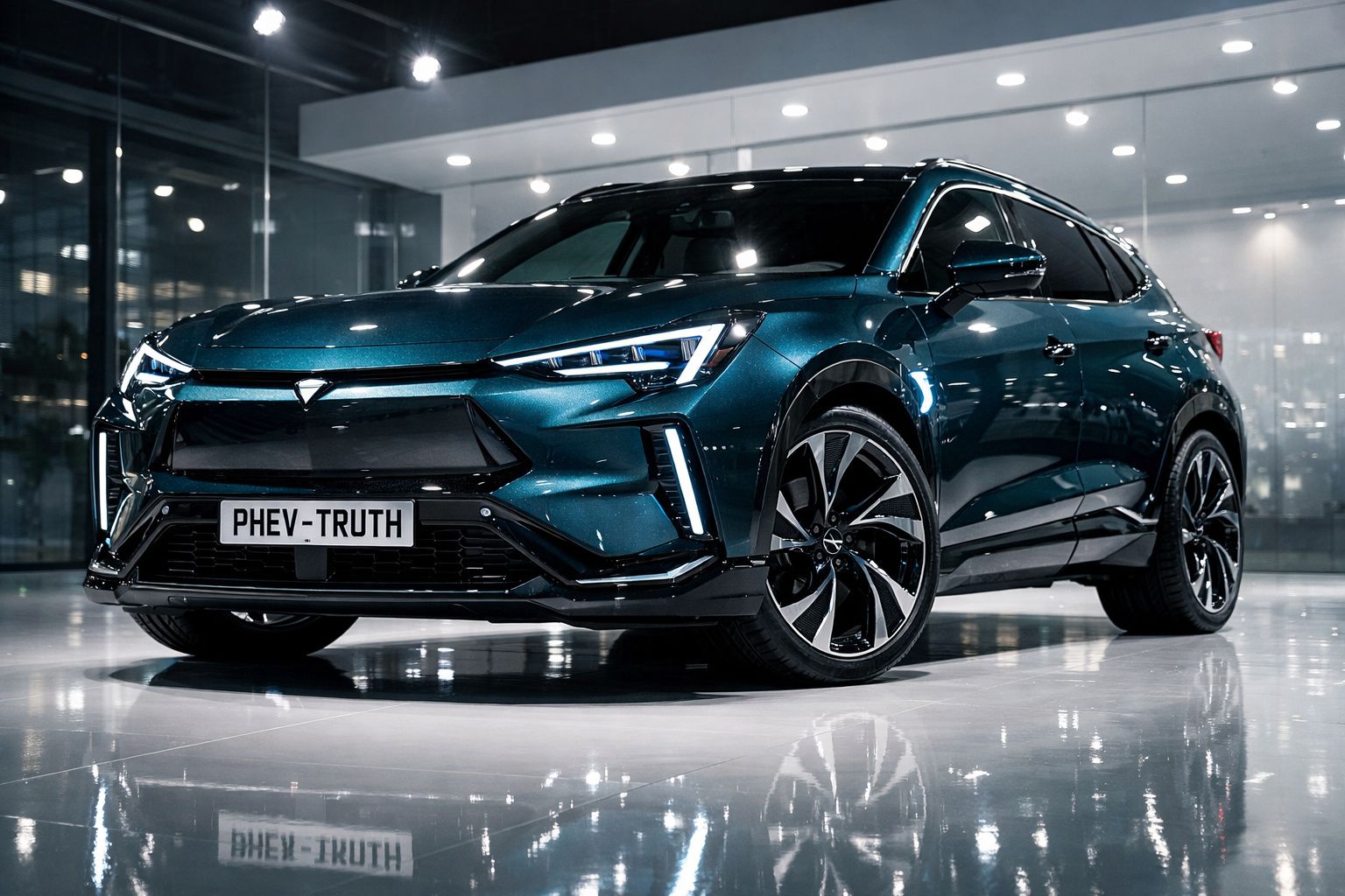Carro elétrico SUV azul escuro, modelo PHEV-TRUTH, fotografado em salão expositivo moderno e luminoso.
