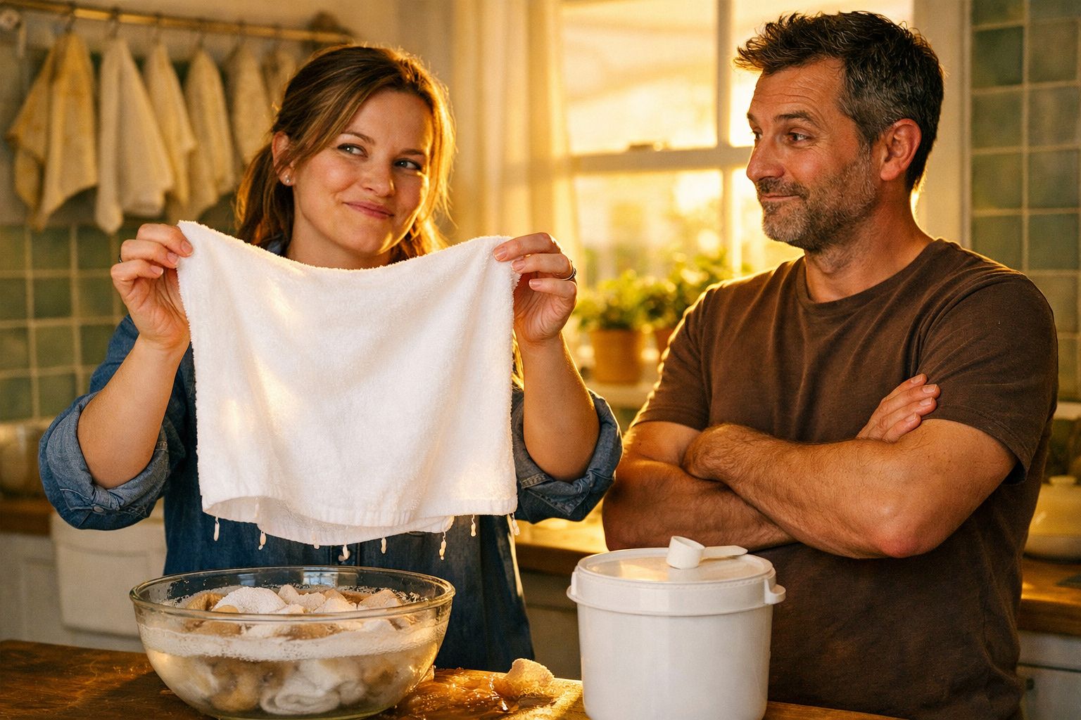 Mulher a mostrar pano branco húmido para homem numa cozinha com luz natural ao fim da tarde.