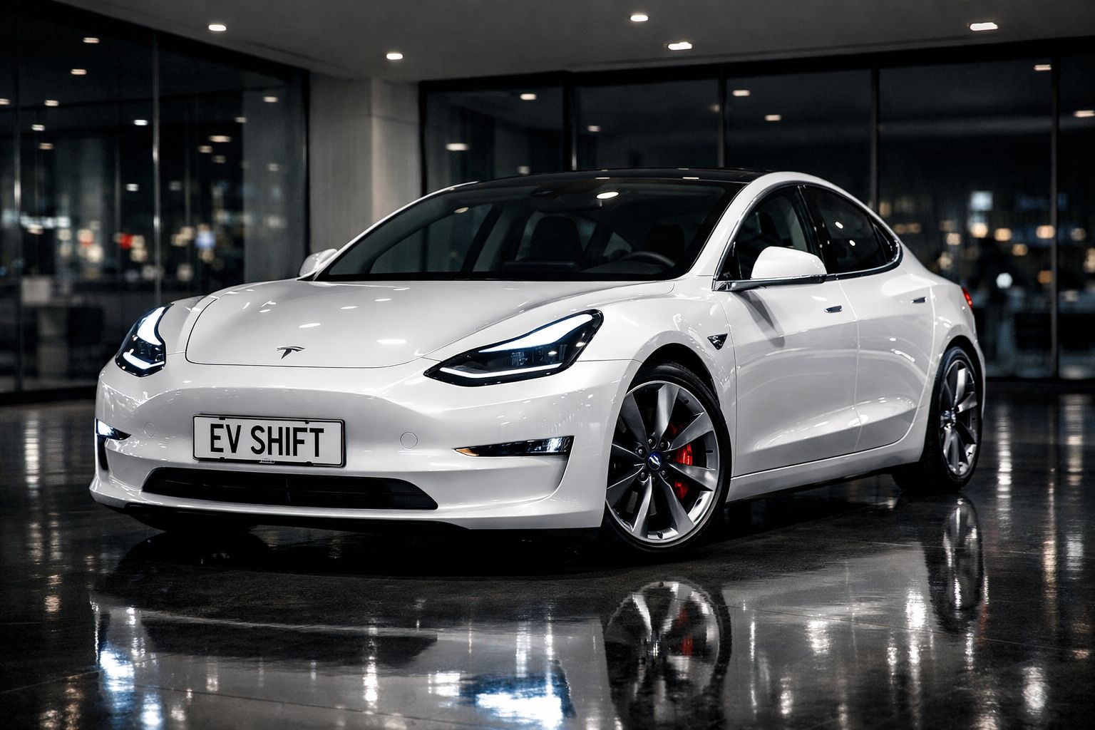 Carro elétrico Tesla Model 3 branco estacionado em interior com luzes refletidas no chão brilhante.