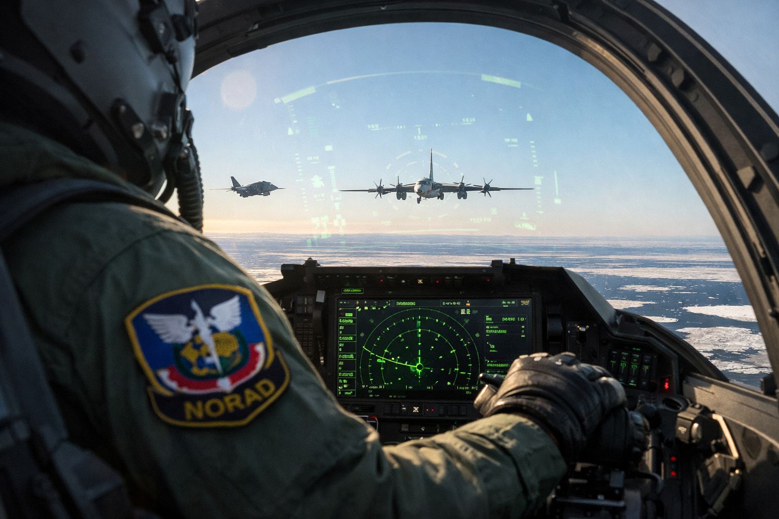Vista da cabine de piloto militar com radar ativo e dois aviões a voar à frente ao pôr do sol.