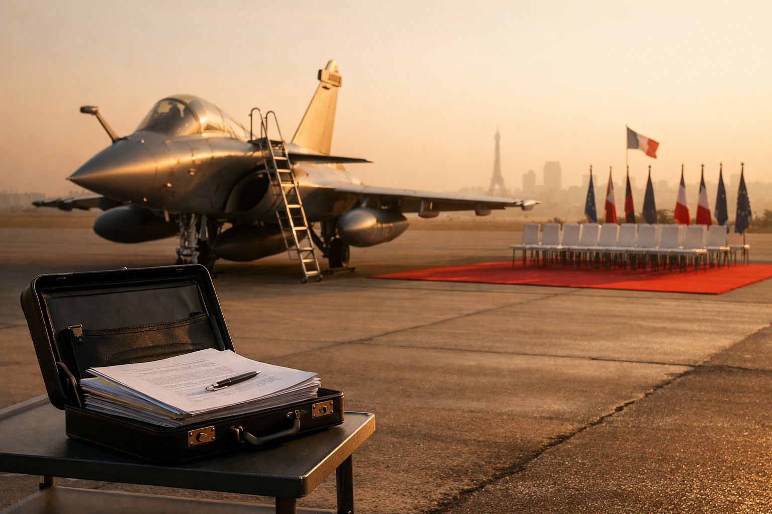 Caixa aberta com documentos e caneta em frente a jato militar, cadeiras e bandeiras numa pista ao amanhecer.