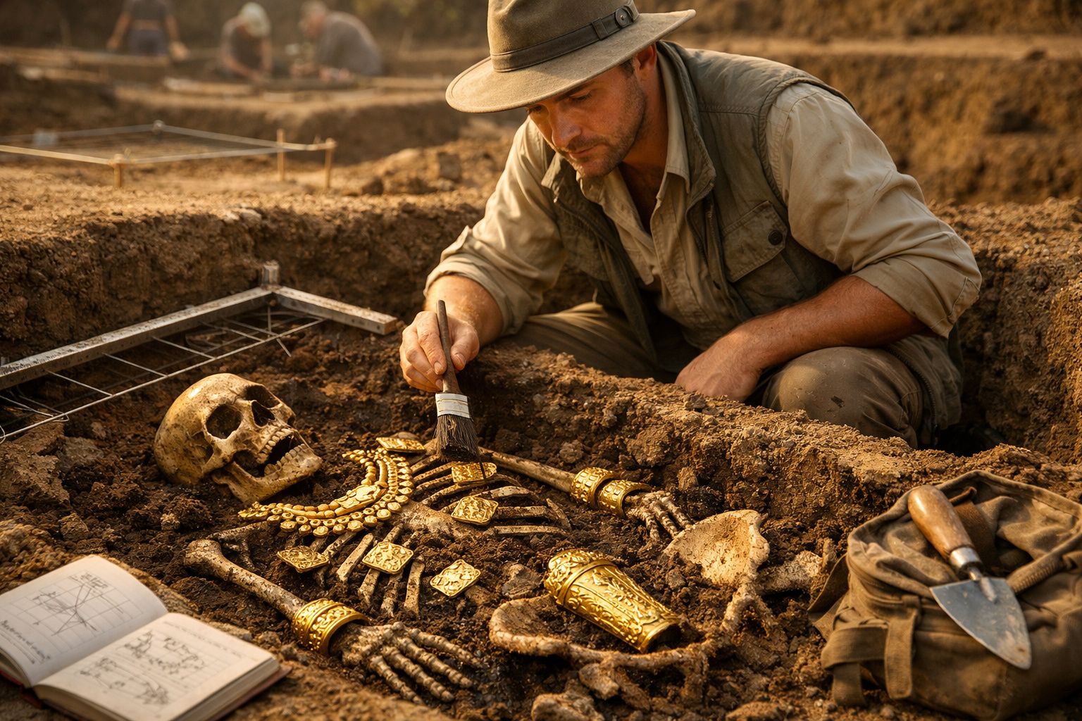 Arqueólogo a escavar e limpar esqueleto antigo com objetos dourados enterrados no solo.