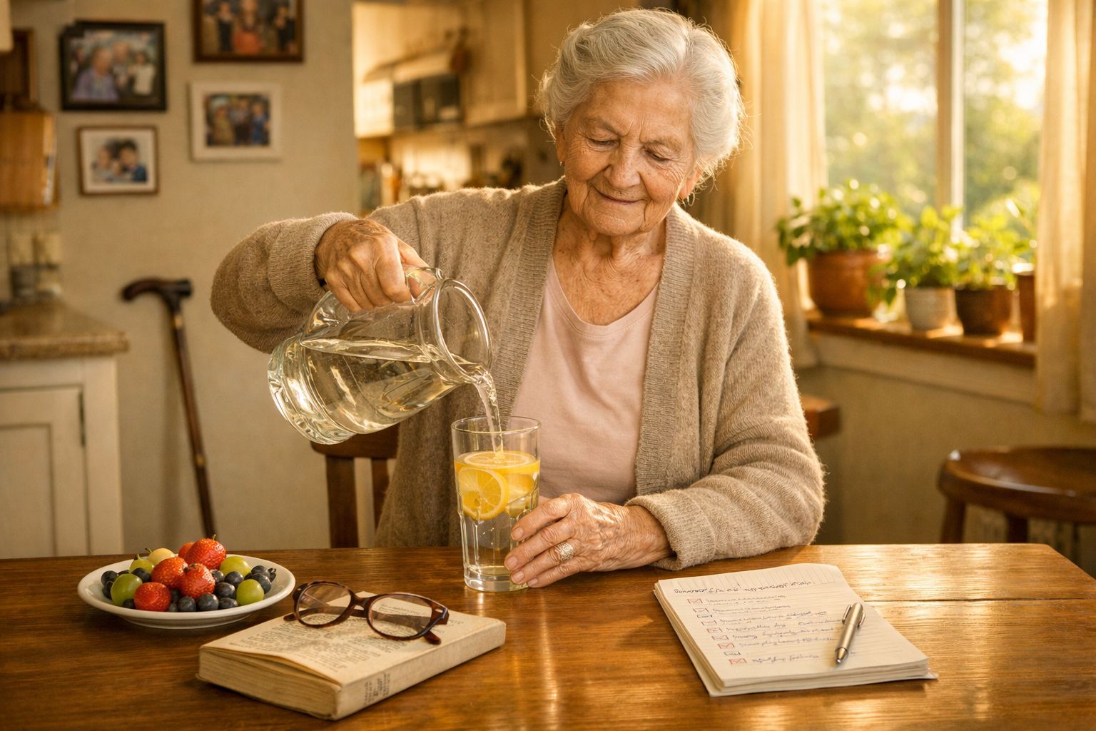 Idosa a servir água com limão num copo, sentada à mesa com fruta, livros e óculos num ambiente acolhedor.