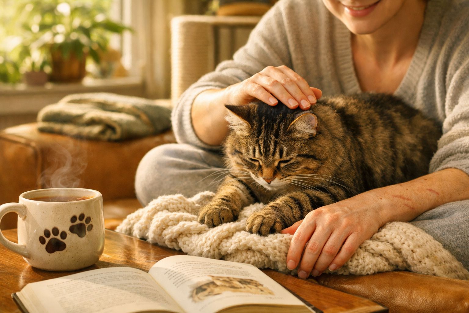 Pessoa a fazer carinho num gato sobre uma manta, com chá quente e um livro numa mesa à frente.