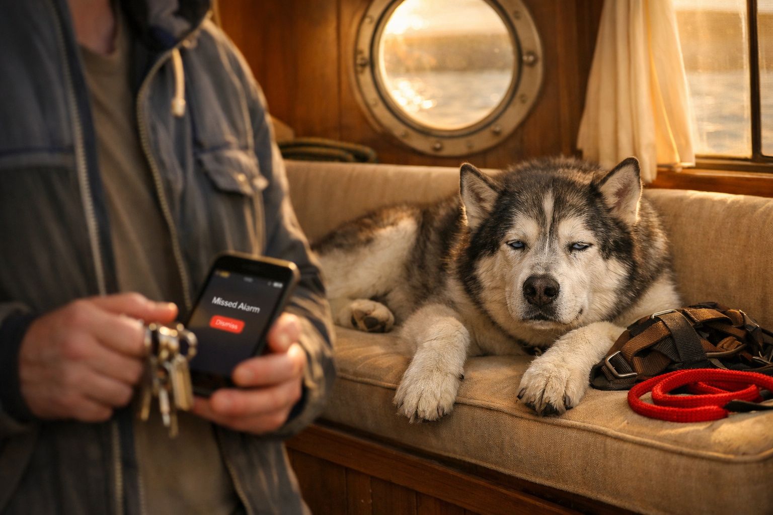 Cão husky cinzento deitado num sofá, com coleira e trela, ao lado de pessoa a segurar chaves e telemóvel com alarme perdido.