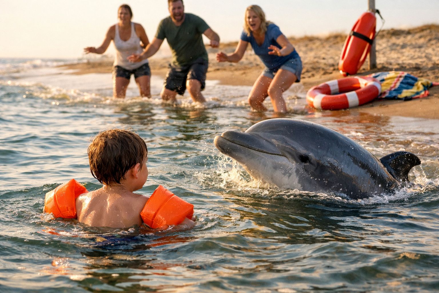 Criança com braçadeiras laranjas na água interage com golfinho perto da praia com três adultos ao fundo.