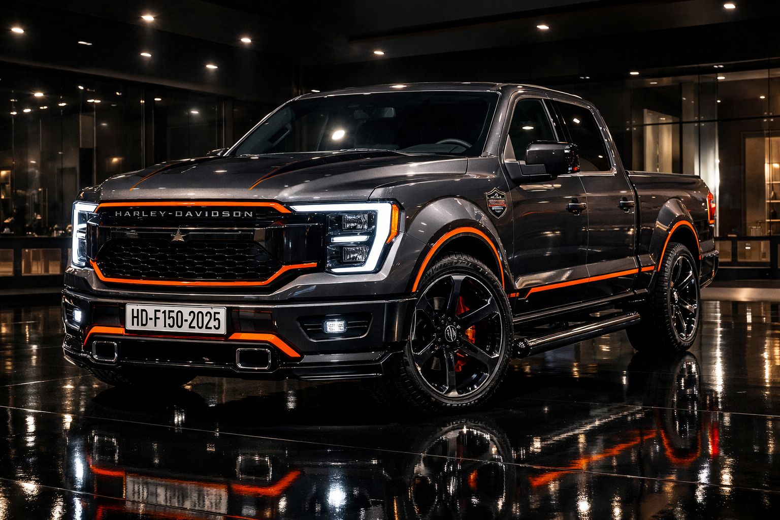 Pick-up preta com detalhes laranja da Harley-Davidson estacionada em piso brilhante e ambiente escuro.