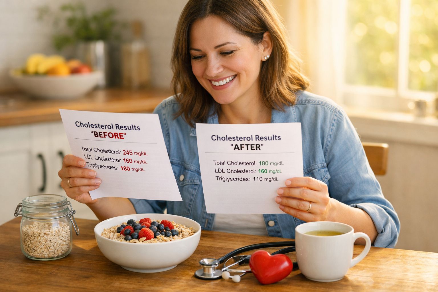 Mulher sorridente segura resultados de colesterol antes e depois, ao lado de pequeno-almoço saudável na cozinha.