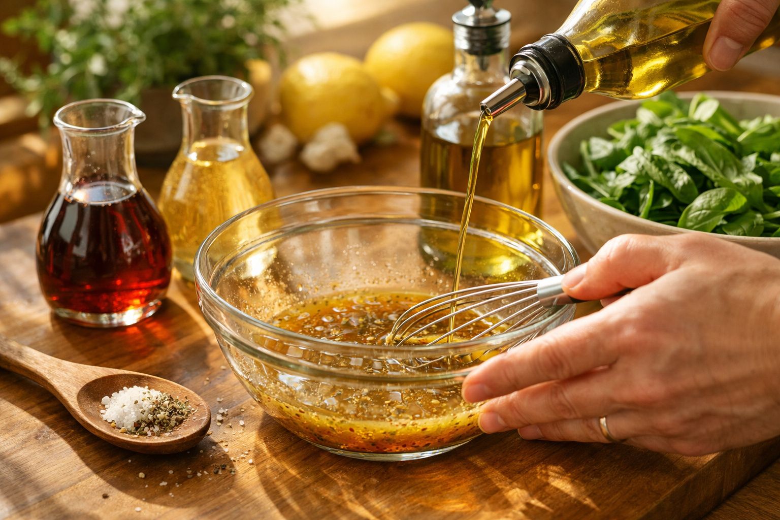 Mãos a preparar molho vinagrete numa taça de vidro com óleo, especiarias e ingredientes frescos numa mesa de madeira.