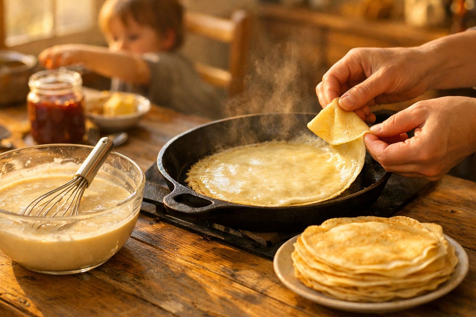 Mãos a virar panquecas numa frigideira quente, com tigela de massa e pilha de panquecas numa mesa de madeira.
