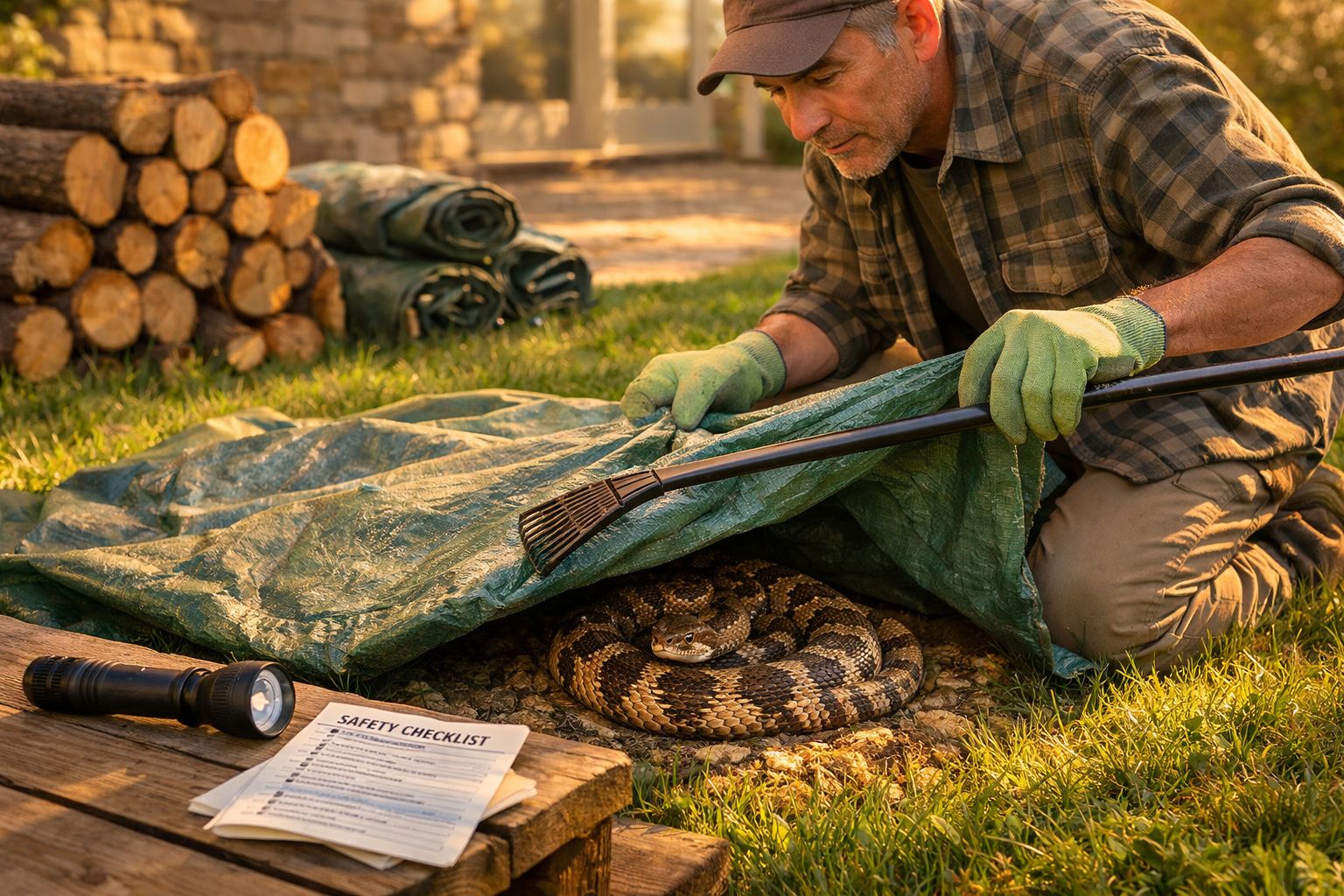 Homem com luvas a levantar lona para revelar cobra enrolada enquanto lê checklist de segurança ao ar livre.