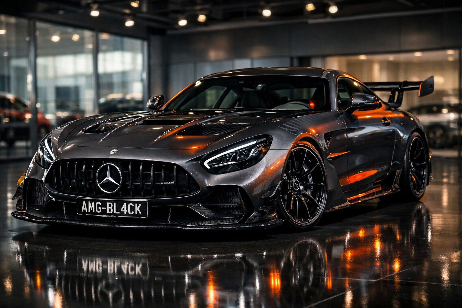 Carro desportivo Mercedes-Benz AMG cinza metálico estacionado com reflexos em piso brilhante interior.