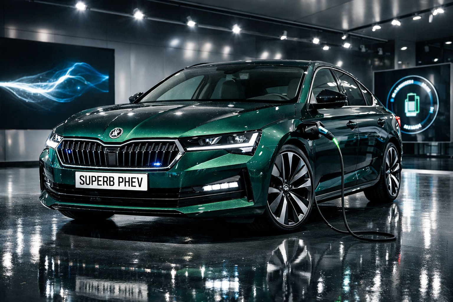 Carro híbrido plug-in verde brilhante Škoda Superb PHEV a carregar numa garagem moderna com luzes LED.