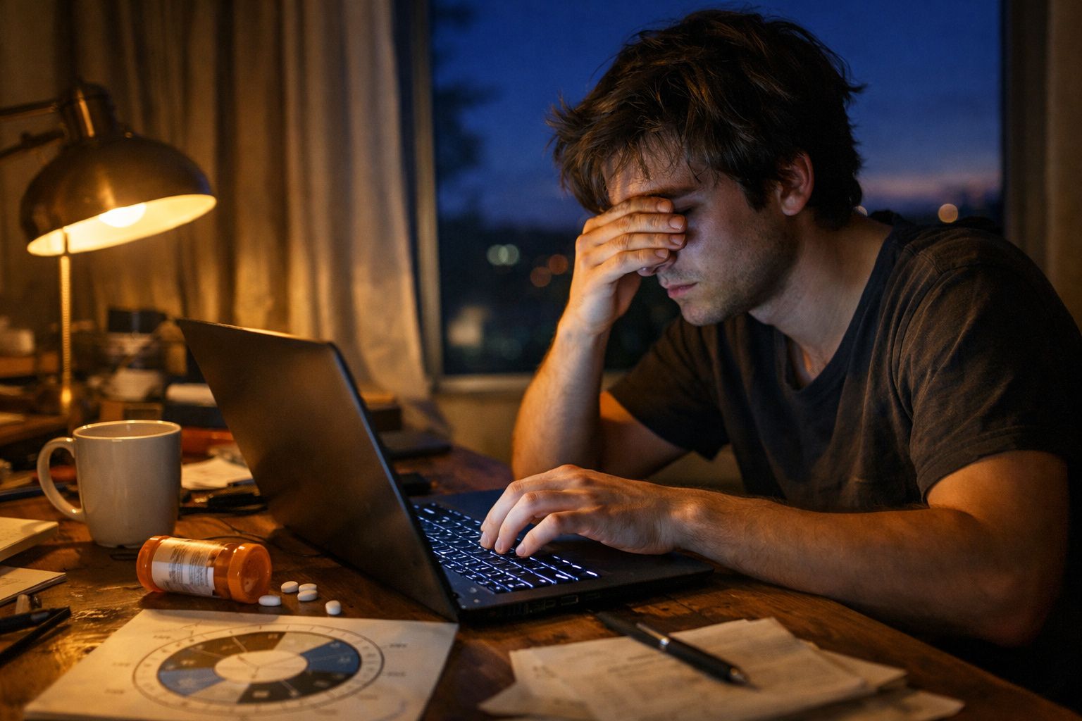 Homem cansado e preocupado sentado à mesa a trabalhar num computador portátil à noite, com remédios à sua frente.