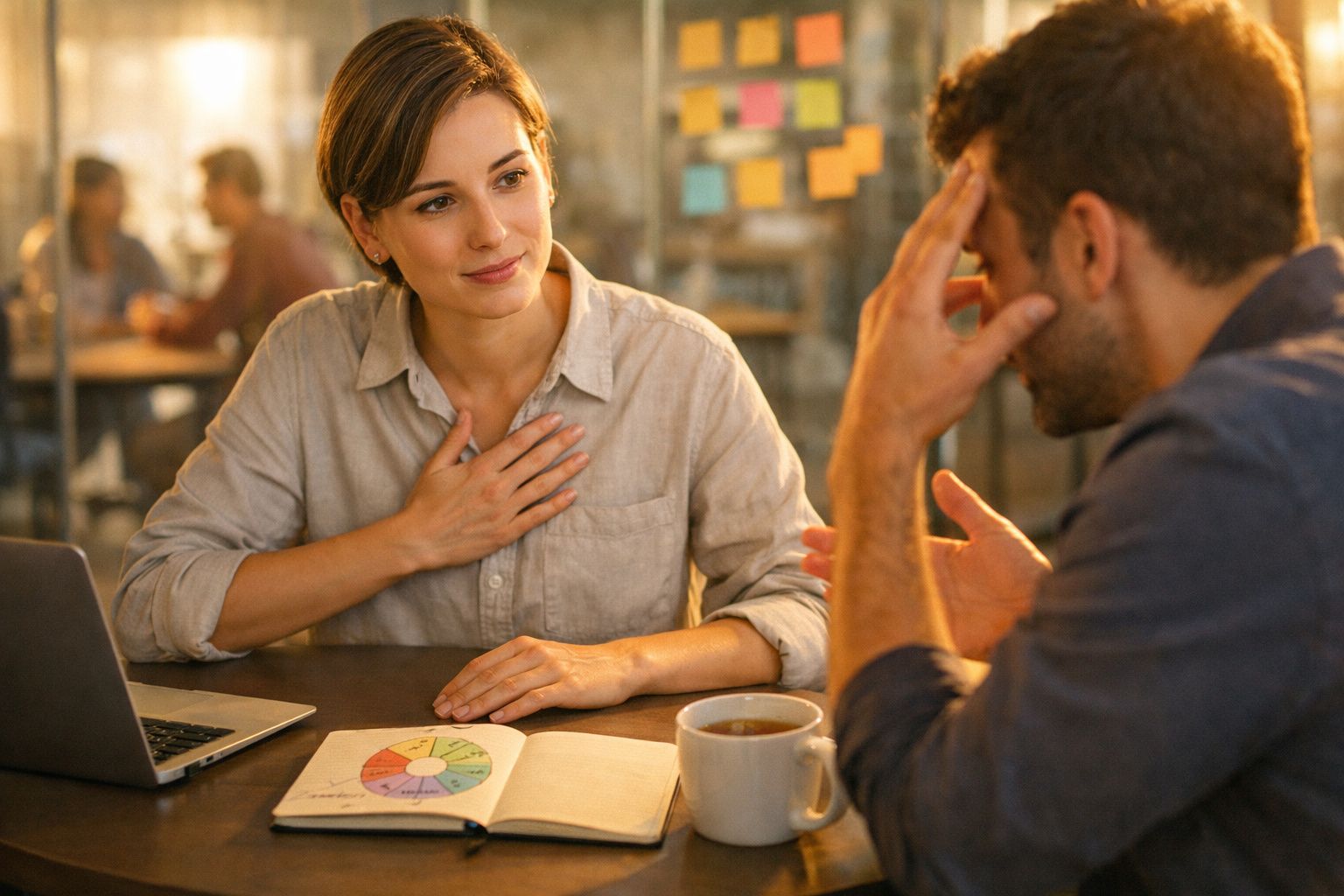 Mulher a ouvir atentamente homem preocupado numa conversa numa mesa com laptop e caderno aberto.