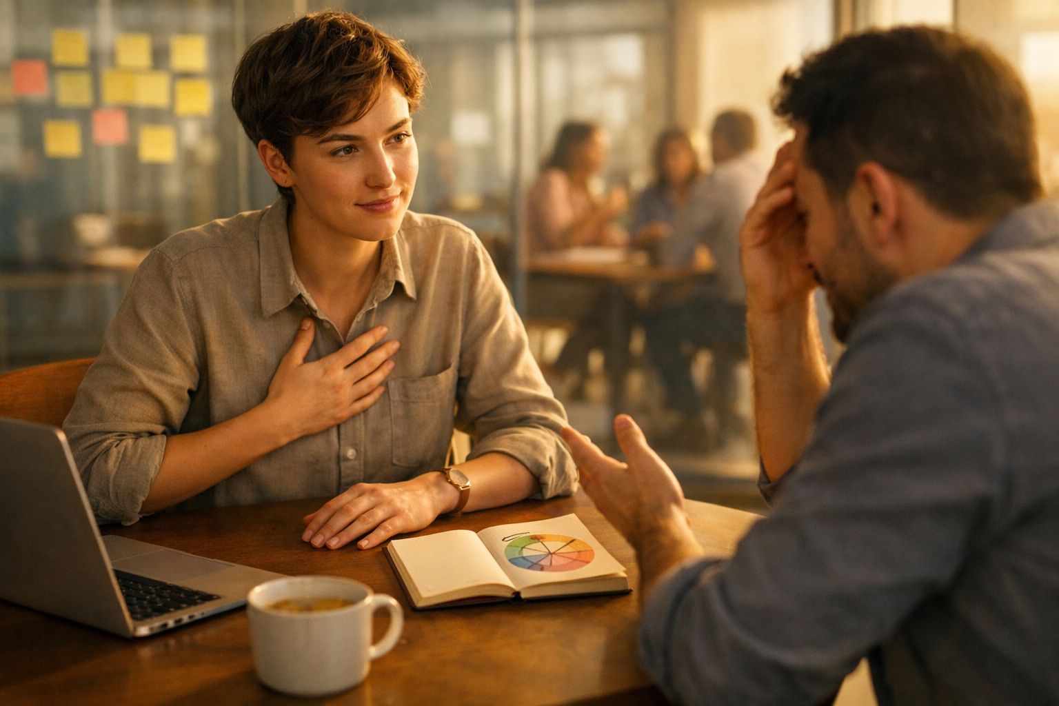 Duas pessoas conversam numa mesa com um portátil, um caderno com gráficos e uma chávena de café.