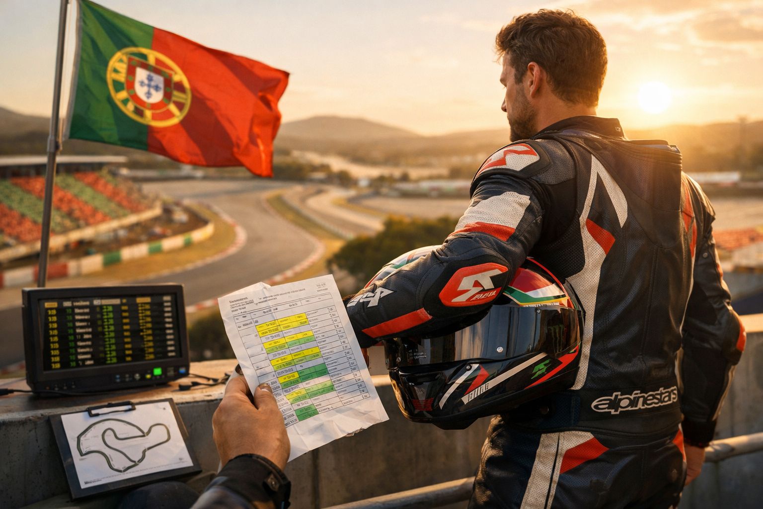 Homem de fato de mota com capacete segura folha, observando circuito de corrida com bandeira de Portugal ao pôr do sol.