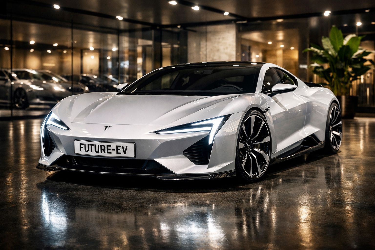 Carro elétrico desportivo prateado futurista estacionado em piso refletor num ambiente interior moderno.