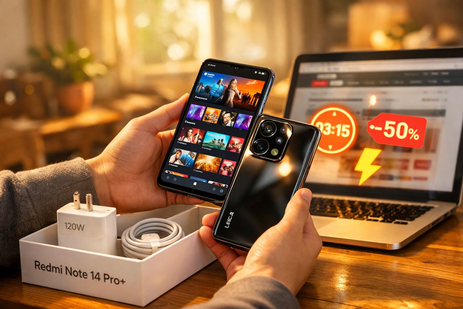 Pessoa a segurar telemóvel Redmi Note 14 Pro+ com ecrã de streaming e carregador ao lado, laptop com desconto 50%.