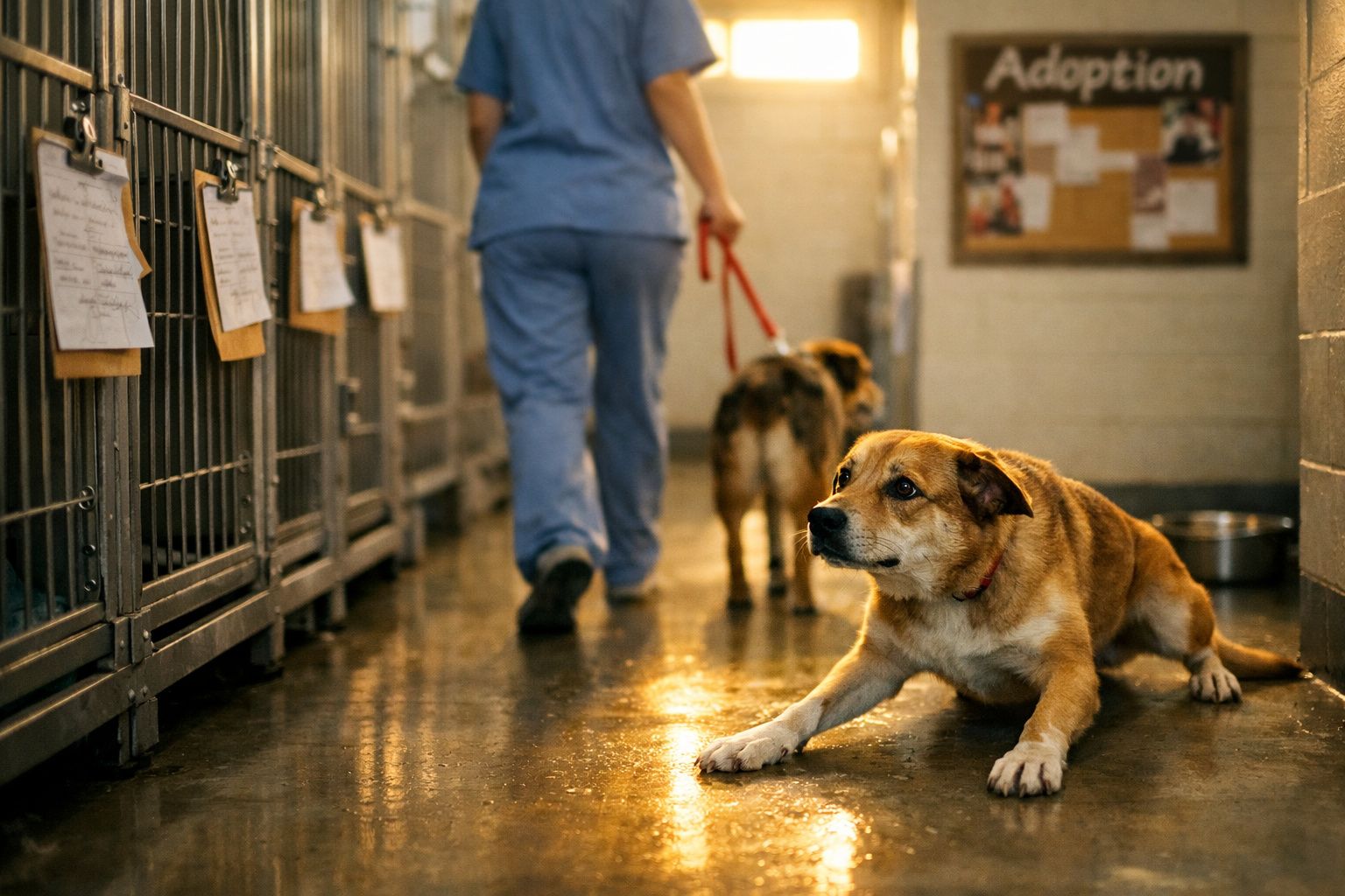 Cão deitado no chão de um abrigo enquanto funcionário caminha com outro cão ao fundo.