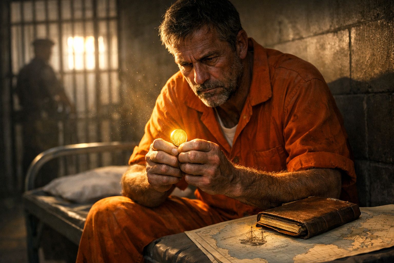 Homem em fato laranja numa cela, a observar uma moeda dourada enquanto está sentado numa cama simples.