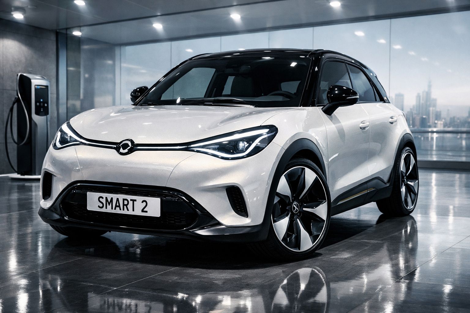 Carro elétrico Smart 2 branco estacionado num interior moderno junto a posto de carregamento.