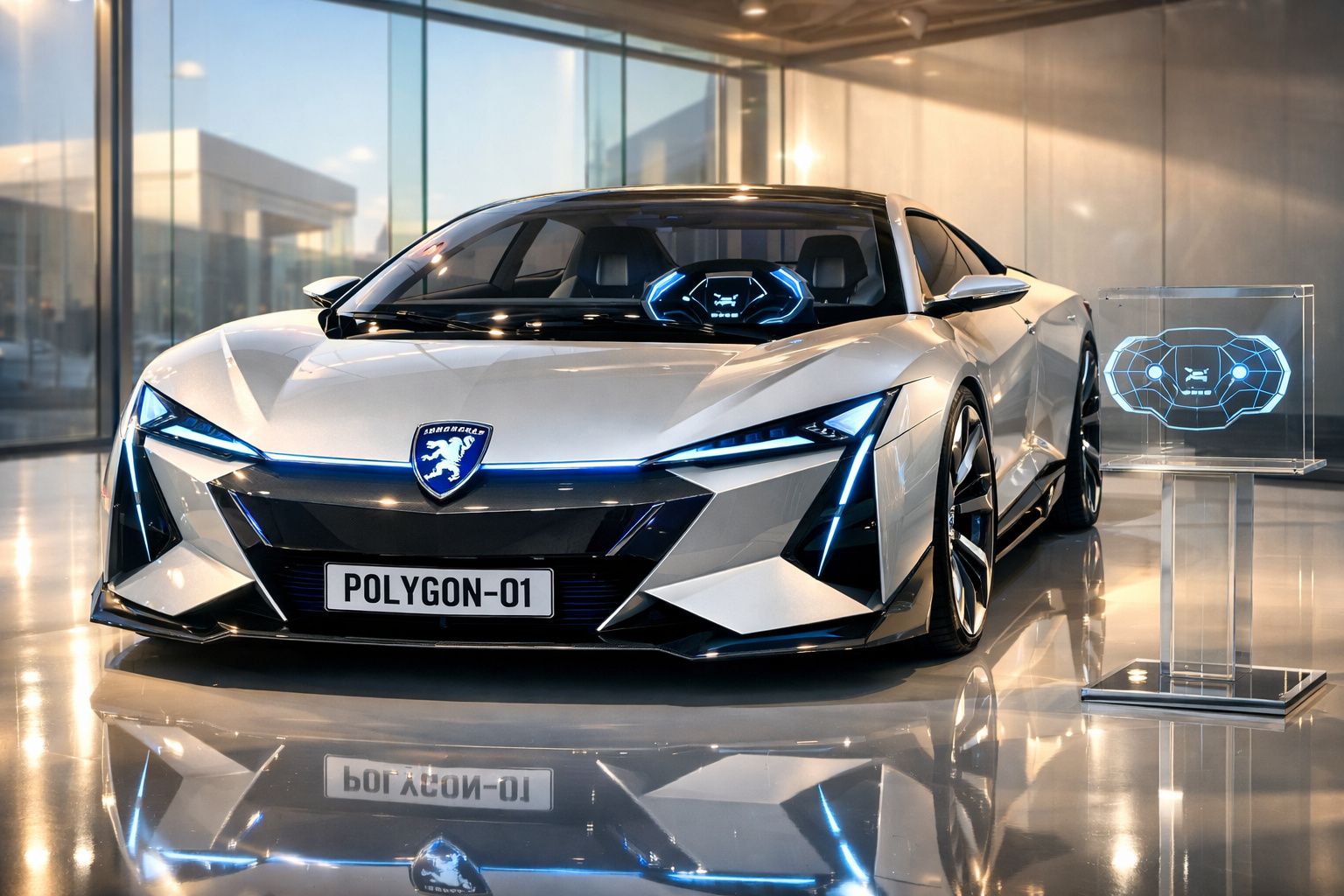 Carro desportivo elétrico Peugeot Polygon-01 prateado com design futurista exposto em showroom moderno.