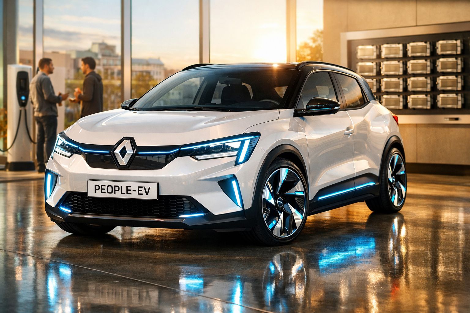 Carro elétrico Renault People-EV branco moderno estacionado numa sala com luz natural e painéis de carregamento.