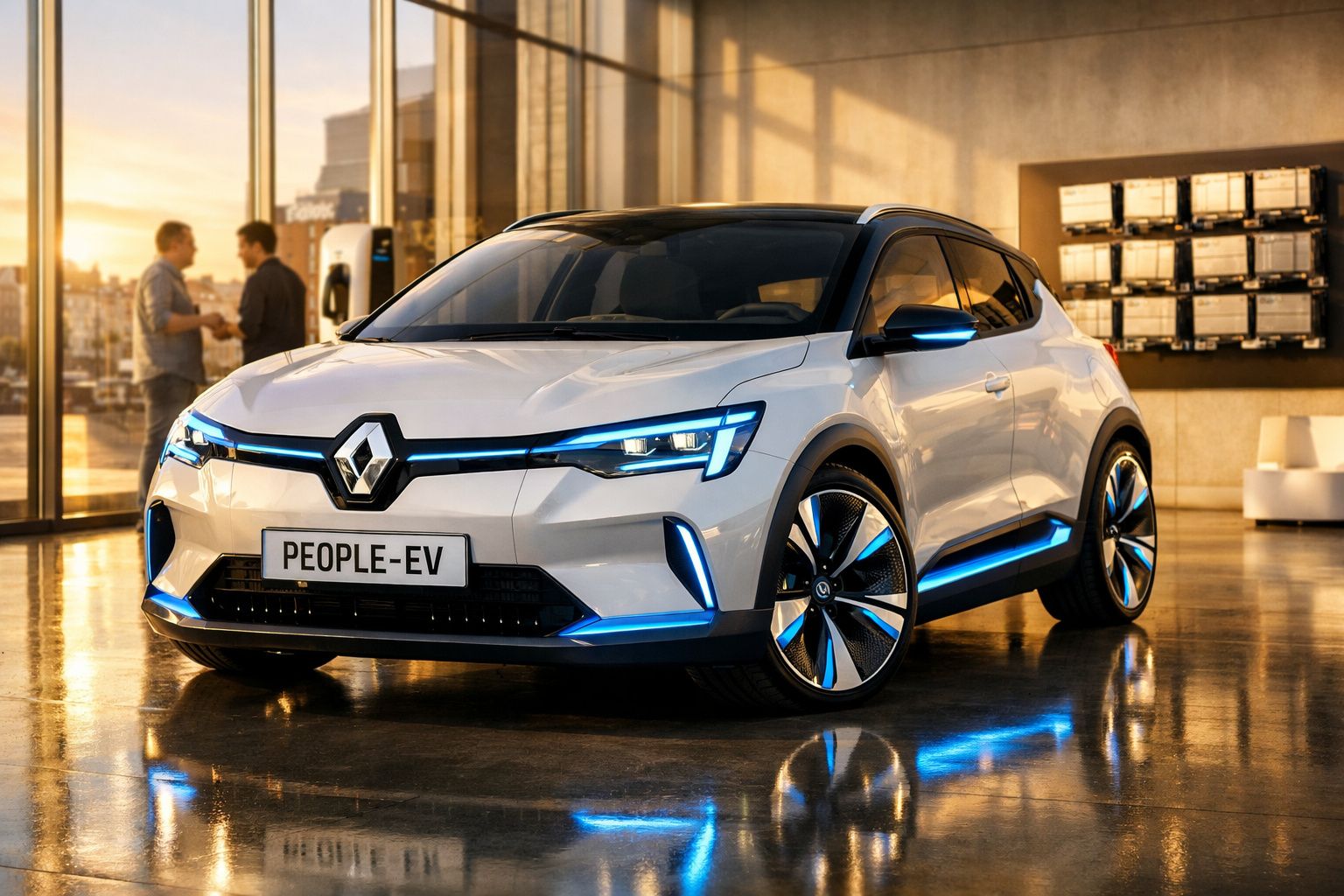 Renault People EV branco com detalhes em azul, estacionado numa garagem moderna com luz natural ao pôr do sol.