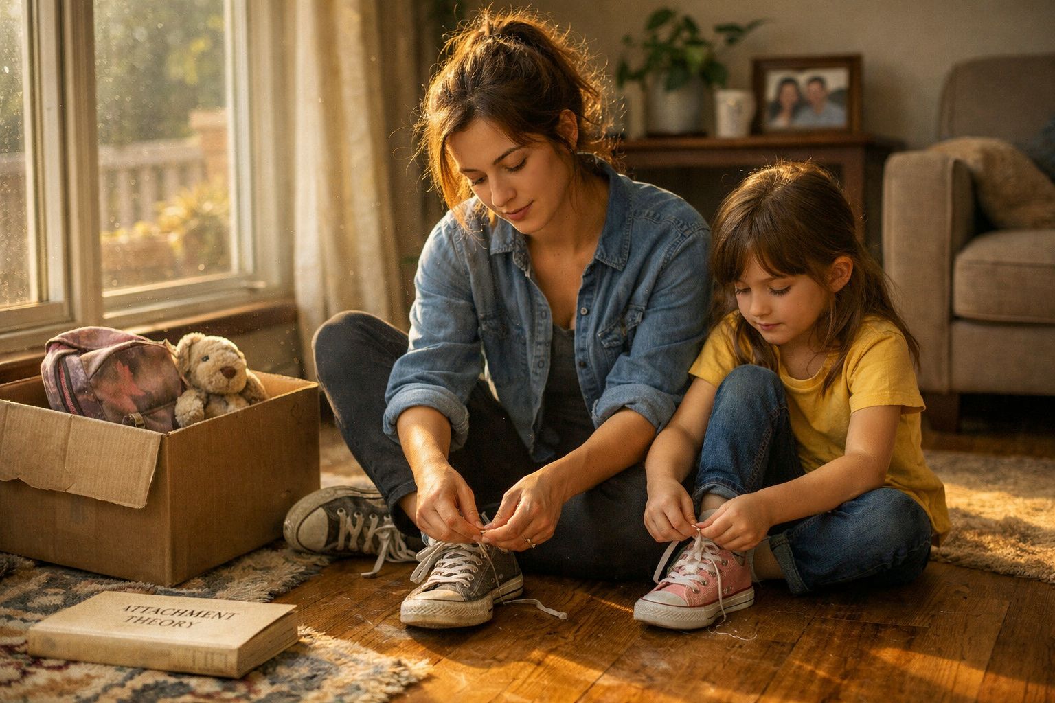 Mulher e menina sentadas no chão a calçarem sapatilhas dentro de uma sala acolhedora e iluminada.