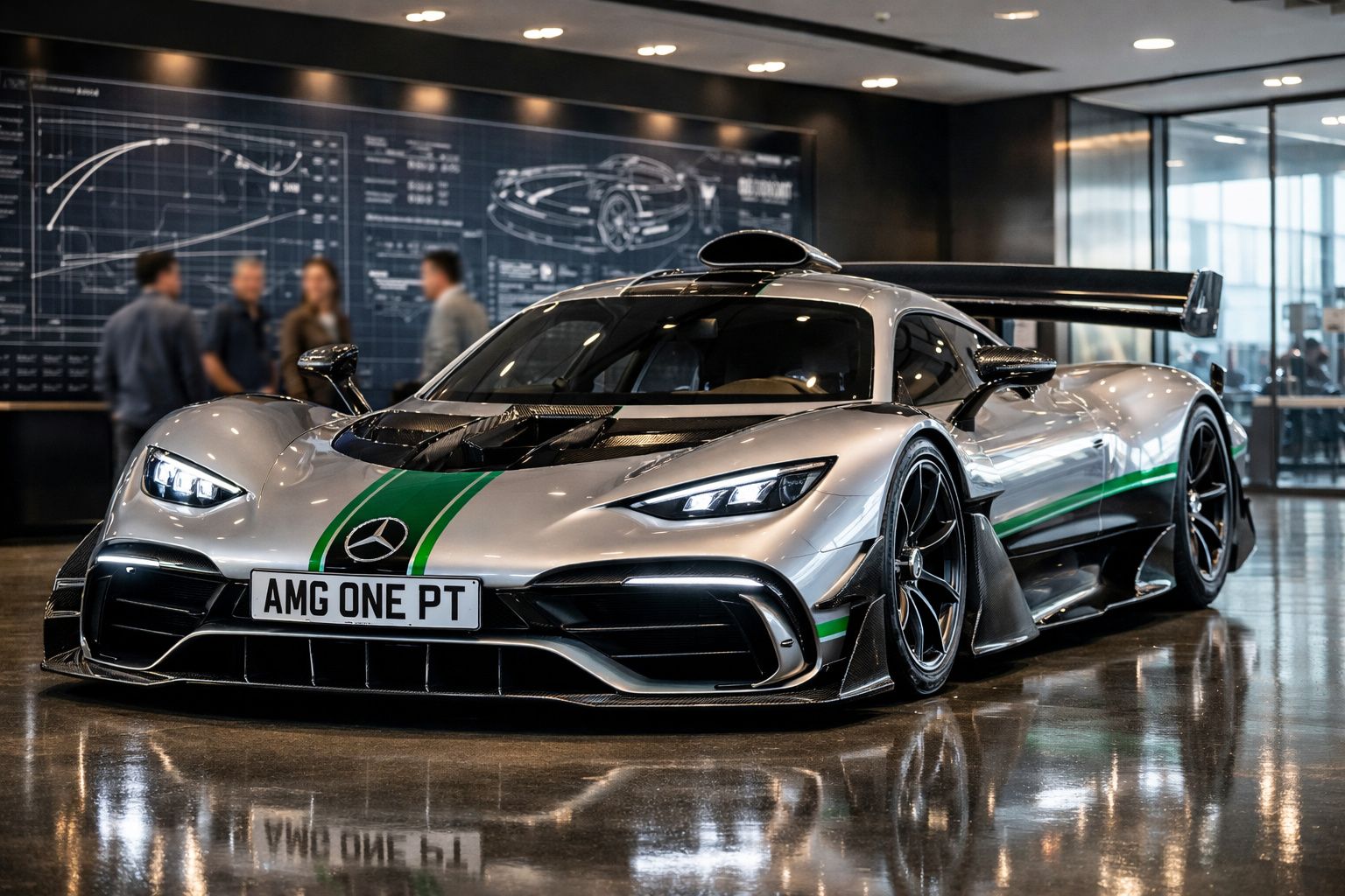 Carro desportivo Mercedes-AMG One prateado com risca verde estacionado em showroom moderno.