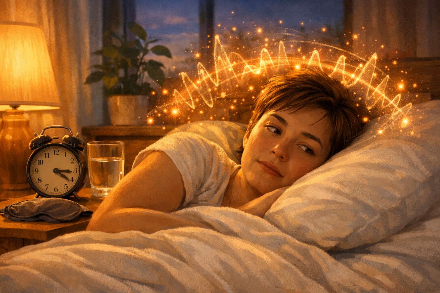 Mulher deitada na cama com luzes douradas e forma de ondas cerebrais sobre a cabeça, refletindo um estado de reflexão.