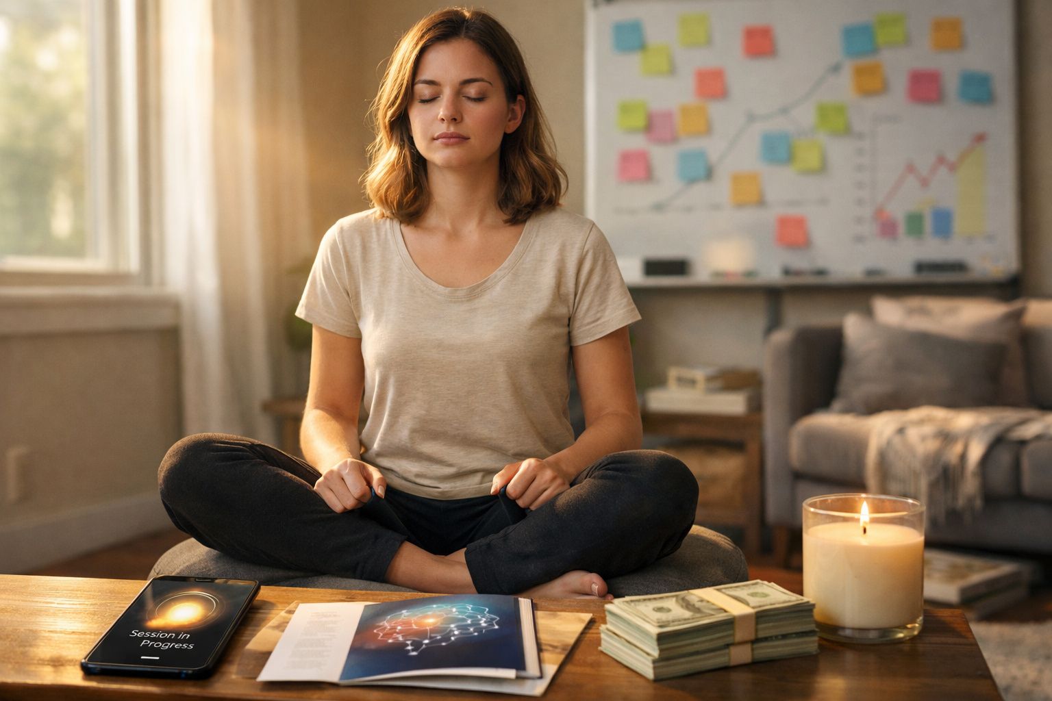 Mulher sentada de pernas cruzadas a meditar numa sala com velas, dinheiro e material de estudo à frente.