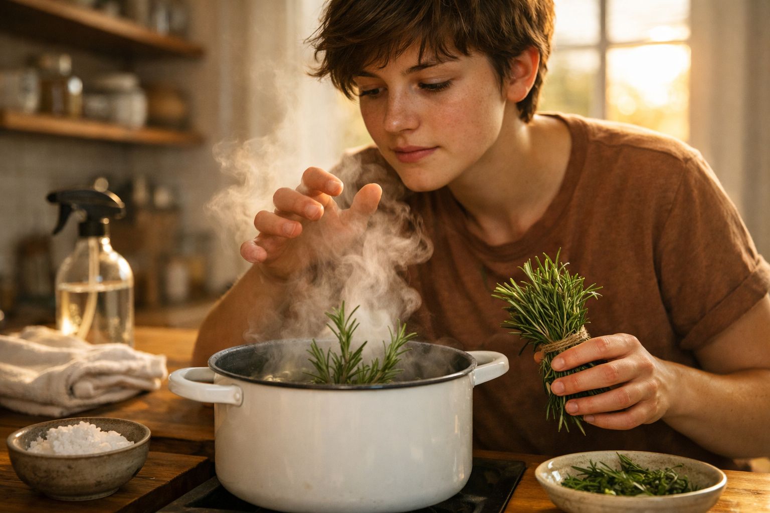 Pessoa jovem cozinha com ervas frescas em panela a vapor na cozinha acolhedora e iluminada pela janela.