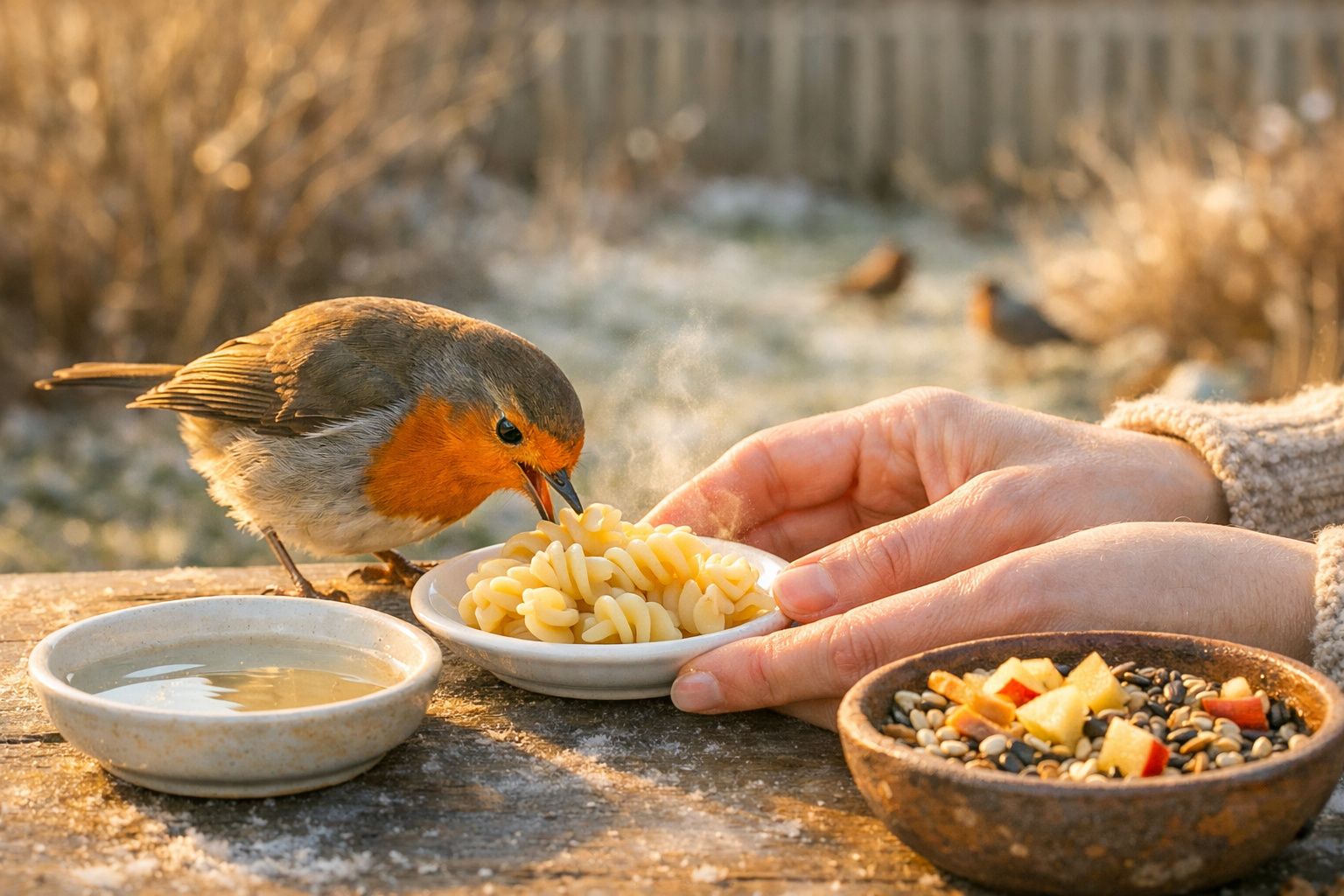 Pássaro com peito laranja a comer massa numa mão humana ao ar livre num dia frio.