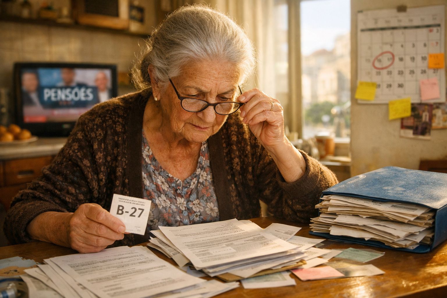 Mulher idosa com óculos lê documentos numa mesa cheia de papeis, segurando um papel com o número B-27.