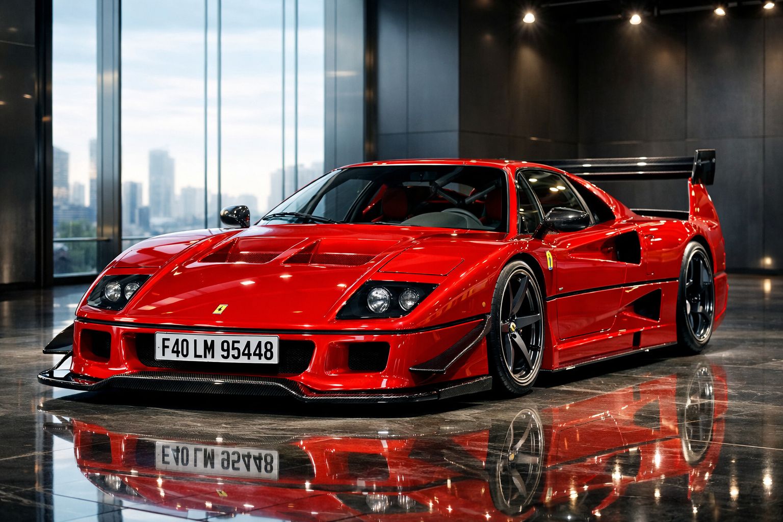 Carro desportivo Ferrari F40 vermelho brilhante com design aerodinâmico num piso refletor interior.