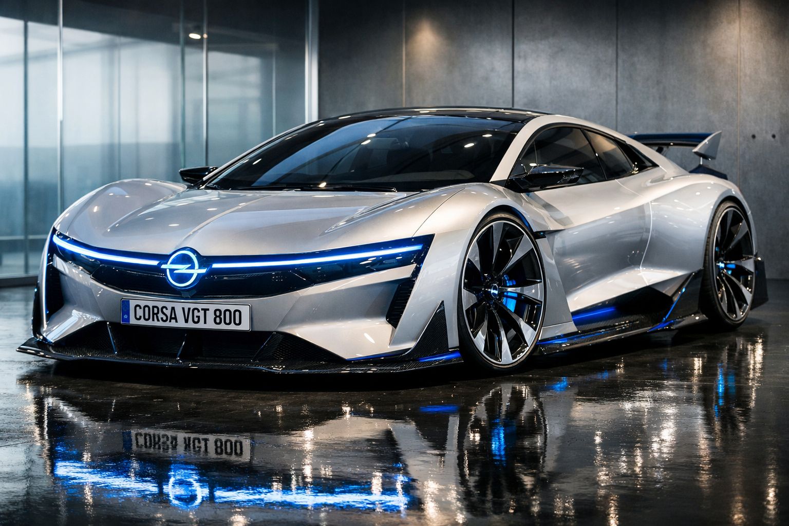 Carro desportivo prateado Opel Corsa VGT 800 estacionado em piso molhado, com luzes azuis LED.