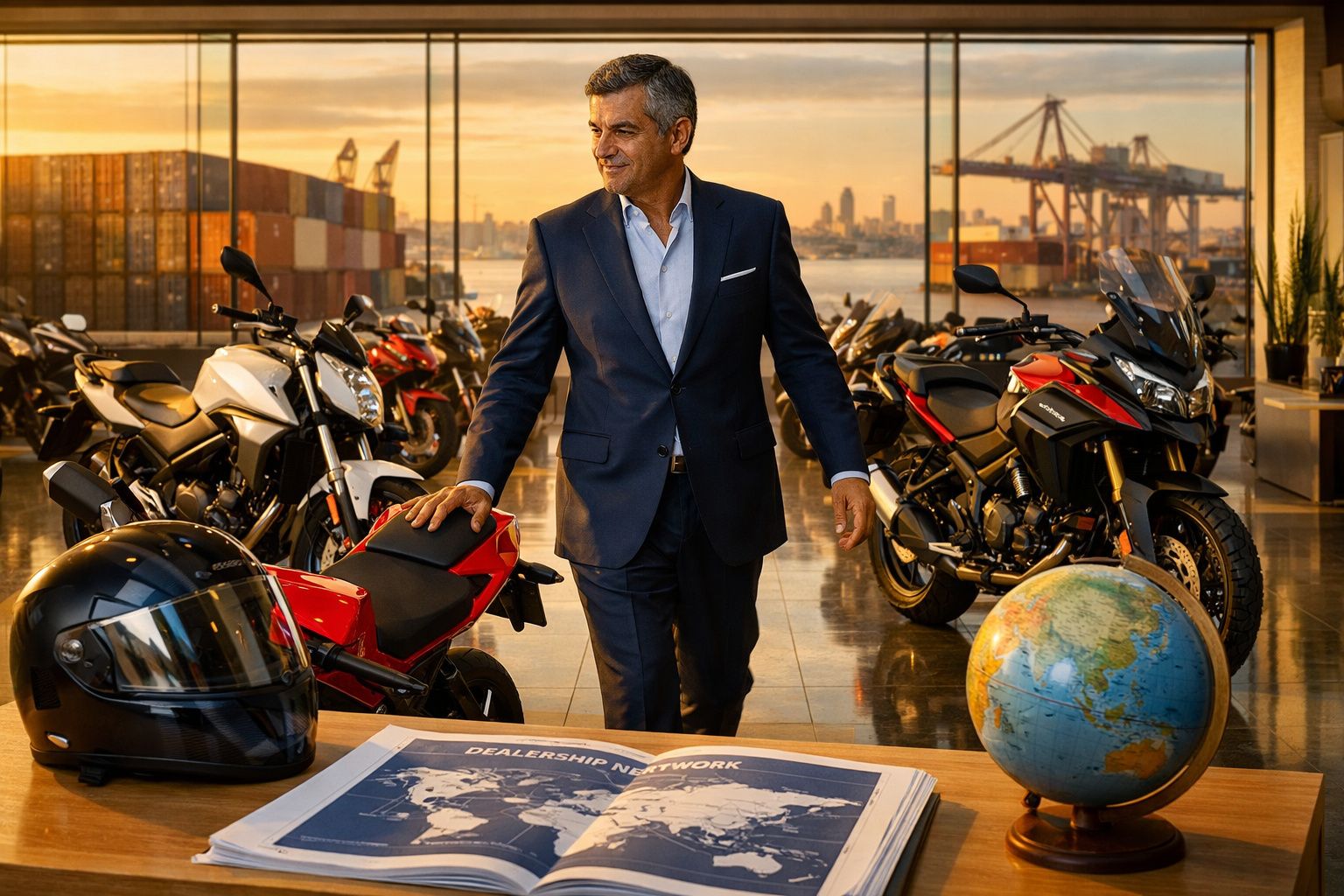 Homem de fato azul junto a várias motocicletas num espaço moderno com vista para o porto ao pôr do sol.
