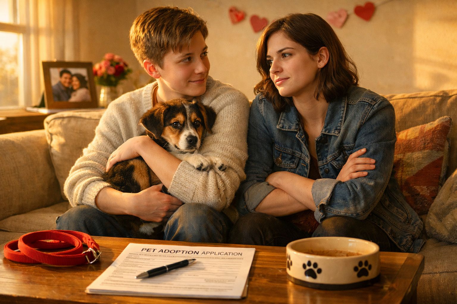 Duas pessoas sentadas no sofá com um cãozinho, formulário de adoção e tigela para cachorro na mesa.