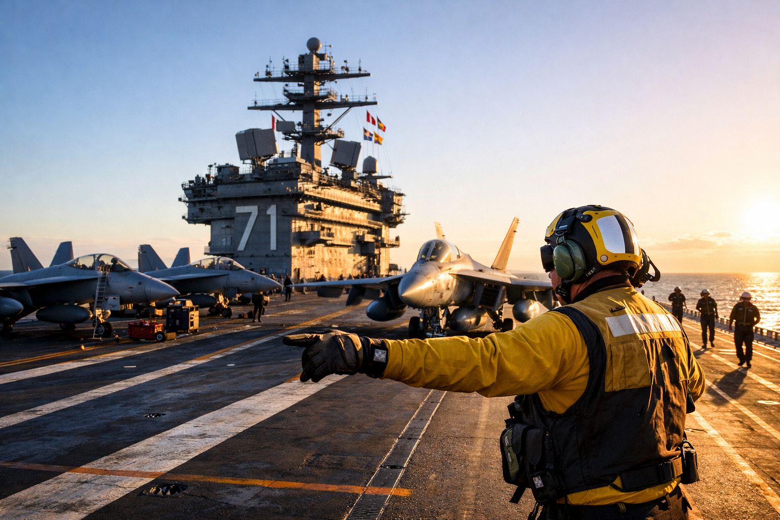 Pessoa em colete amarelo dirige a movimentação de caças num porta-aviões ao pôr-do-sol no mar.