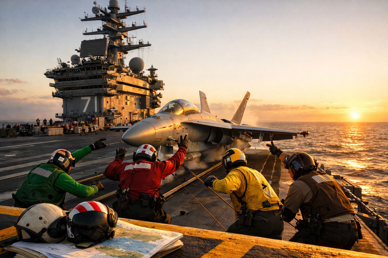 Equipamento militar e equipa a preparar avião para descolagem em porta-aviões ao pôr do sol.