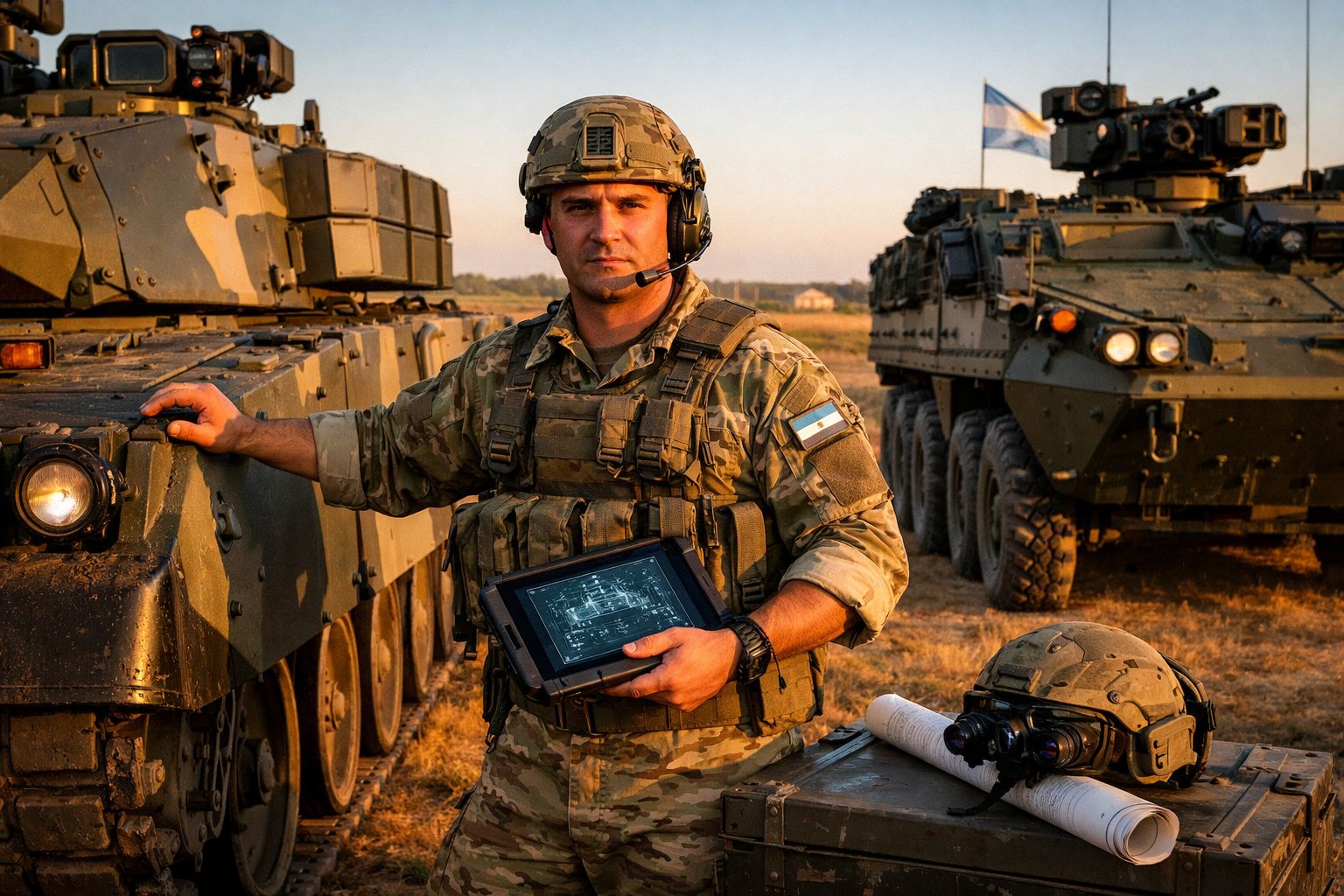 Soldado argentino em uniforme tático com tablet, ao lado de veículos blindados num campo ao pôr do sol.